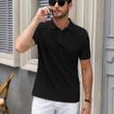 Polo Shirts for Men Short Sleeve Summer Casual Golf Shirts Collared Textured Slim Fit Button Men's Polo T Shirts (Black, M)