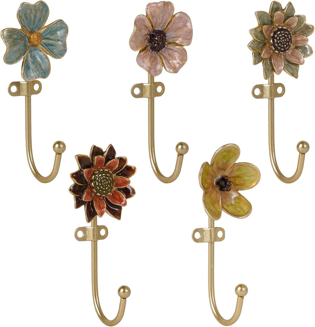 SOFFEE DESIGN Set of 5 Floral Wall Hooks, French Garden Eye-catching Entryway Decor for Coats Hats, Colorful Spring Home Decoration Gift