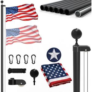 25FT Aluminum Flag Pole Kit for Outside House, Black Ball Topper, 3x5 Embroidered American Flag, Tangle-Free Flagpoles for Yard, Garden, Residential & Commercial Use