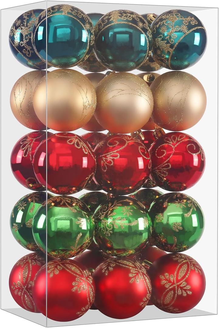Christmas Balls Ornaments Assorted Pendant Shatterproof Ball Ornament Set Seasonal Decorations with Reusable Hand-Help Gift Boxes Ideal for Xmas, Holiday and Party (RED/Green/Gold)