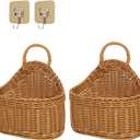 2Pcs Hanging Storage Baskets, Plastic Woven Hanging Basket with Hook, Flower Bin with Handle Kitchen Wall Basket for Ginger Garlic(Brown)