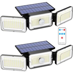 Solar Lights Outdoor Waterproof, Motion Sensor & Flood Outdoor Lights with Remote Control, 4 Adjustable Modes, 3000LM & 218 LED, High-Energy-Density Solar Panel-Monocrystalline Technology, 2 Pack (Black)
