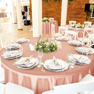 Queekay 5 Pcs 84'' Round Plastic Tablecloth 12 x 108'' Satin Table Runners Set White Plastic Table Covers Round Waterproof Cloths for Wedding Party Decor Baby Shower Birthday(Rose Gold)