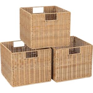 12X12X10in Plastic Wicker Storage Basket, Collapsible Wicker Cube Storage for Shelves, Woven Plastic Storage Basket for Pantry, Bedroom, Living Room, Bathroom, Shelves-3 Pack (Natural)