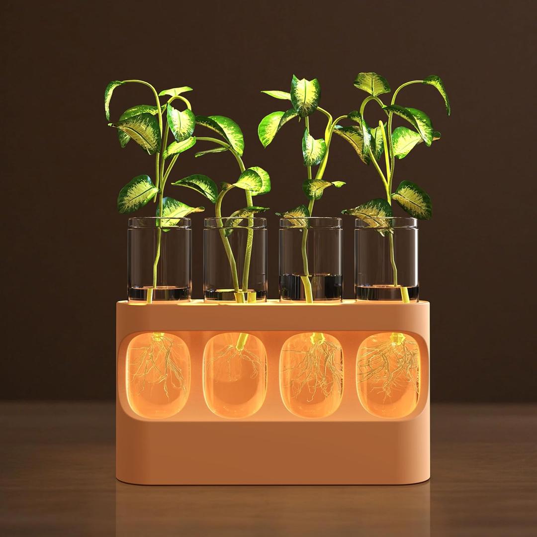 Hokkieam Plant Propagation Station with LED Light, 10Level Dimmable Desk Plant Stand for Hydroponic Plants, 4 Glass Test Tubes Propagated Plant Holders for Indoor Home Decor Gardening Gifts