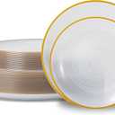 N9R 60PCS White Plastic Plates with Gold Rim, Elegant Disposable Plates, Circular Ribbed Design, 30 Dinner & 30 Dessert Plate for Parties, Weddings, Banquets, and Events (Translucent White)