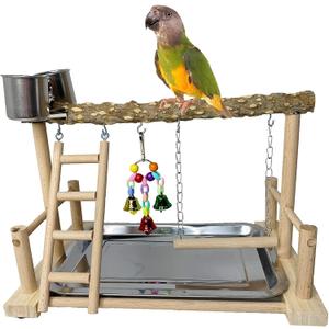 kathson Parrots Playground Bird Perch Wood Playstand Stand with Ladder Swing Feeder Cups Chew Toy for Parakeet Conure Cockatiel Budgie Lovebird Finch Small Birds