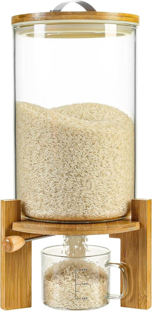 Rice Dispenser, Rice Storage ContainerFlour and Cereal Container with Airtight Lid and Wooden Stand, Glass Food Storge Container for Kitchen Organization and Pantry Store (8L), Large