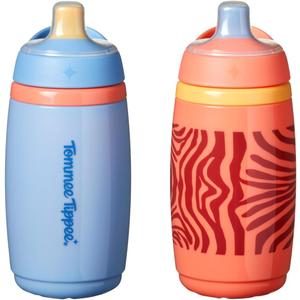 Tommee Tippee Active Spout Toddler Cups, 9 oz, Insulated Sippy Cups For Toddlers 1-3, Silicone Spout, Leak-Proof Valve and Handle, Orange and Blue, Pack of 2