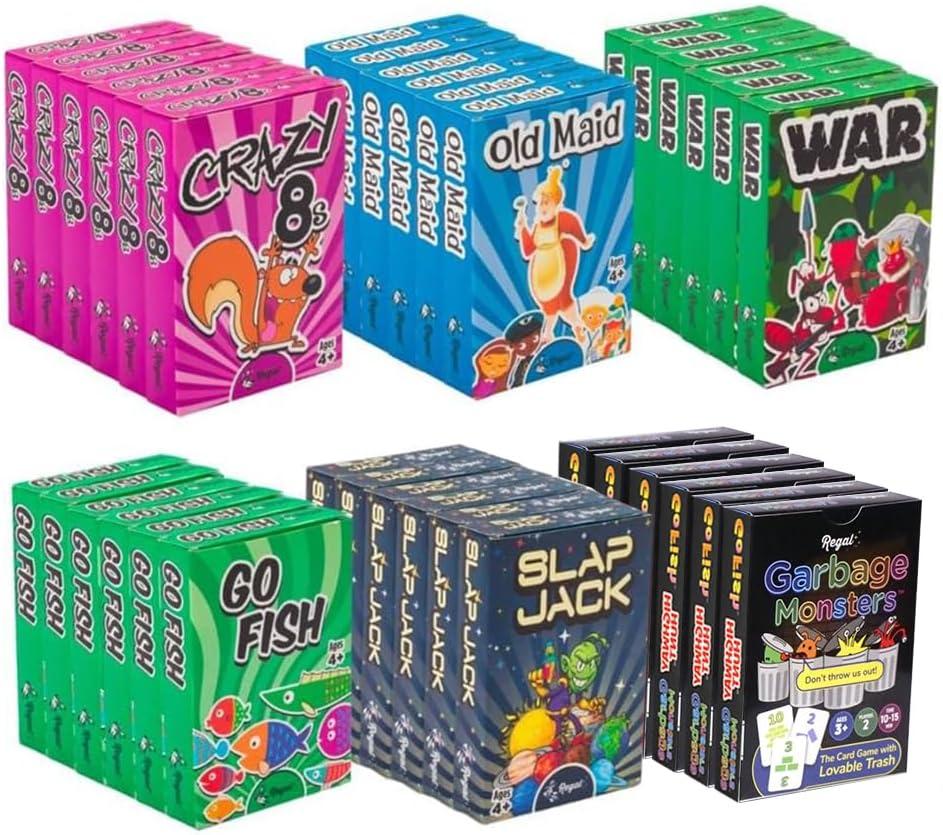 Regal Games Card Games for Kids - Go Fish, Crazy 8's, Old Maid, Slap Jack, Garbage Monsters, War - Simple & Fun Classic Family Table Game Sets (6 x 6)