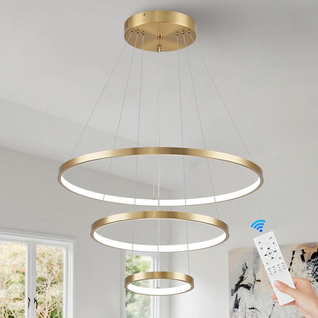 3 Rings LED Chandeliers Modern Gold Chandelier Dimmable Flush Mount Pendant Light Fixture Remote Control Contemporary Pendant Chandelier for Dining Room Bedroom Foyer, 3000-6500K