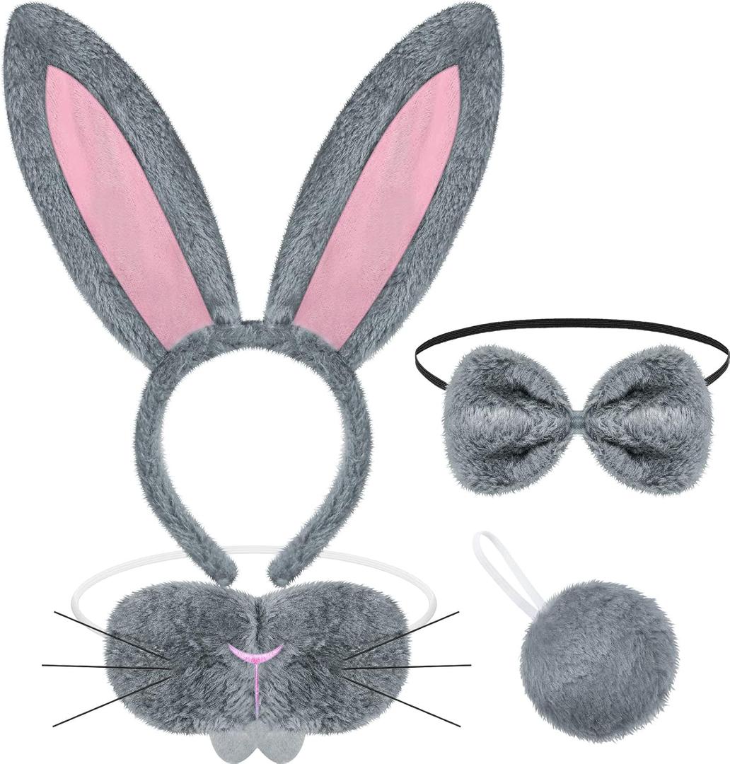 Norme Halloween Bunny Costume Accessories Set Bunny Nose Tail Tie and Ears for Halloween Party Cosplay (Gray, Pink)
