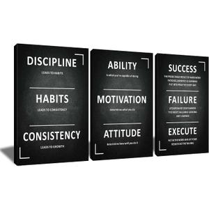 3 Panel Print Canvas Wall Art Motivational Office Wall Decor Discipline Habits Consistency Quotes Picture Posters Artwork for Modern Living Room Workplace Stretched and Framed [48''W x 24''H]