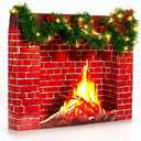 Feifeiya 24.4 x 19.7 Inch Christmas Fireplace Decoration Set Included 3D Red Brick Stand-Up- Fake Cardboard Fireplace, 9.8ft Green Garland, LED String Light, Red Bows for Christmas Decor