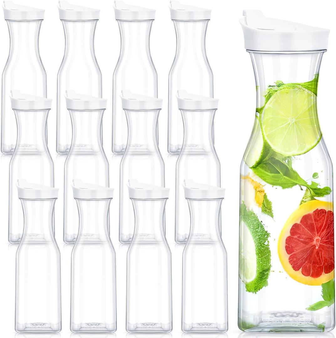 12 Square Plastic Water Carafe, 34 Ounce Large Water Bottles with Flip Tops, Clear Plastic Bottles for Home Bars Restaurants, Iced Tea, Juice, Lemonade, Milk, Cold Brew