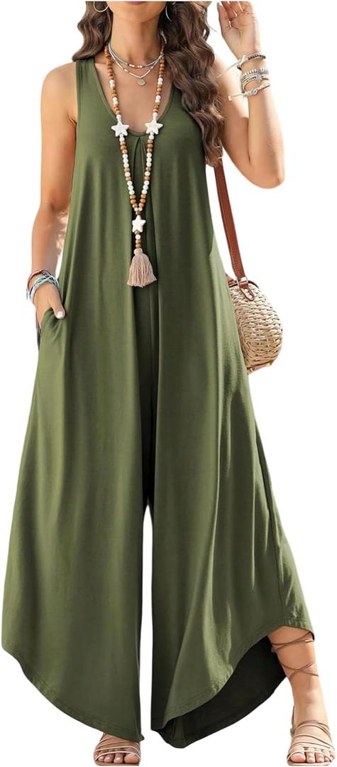 WDIRARA Women's Wide Leg Jumpsuit Loose Overalls V Neck Sleeveless Pants Romper with Pockets (Green, S)