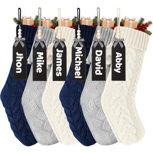 6 Pack Christmas Stockings 18" Large Personalized Navy Blue Gray Cream White Knitted Customized Christmas Stockings with Name Tags for Holiday Xmas Home Family Fireplace Party Decoration Hanging Gifts