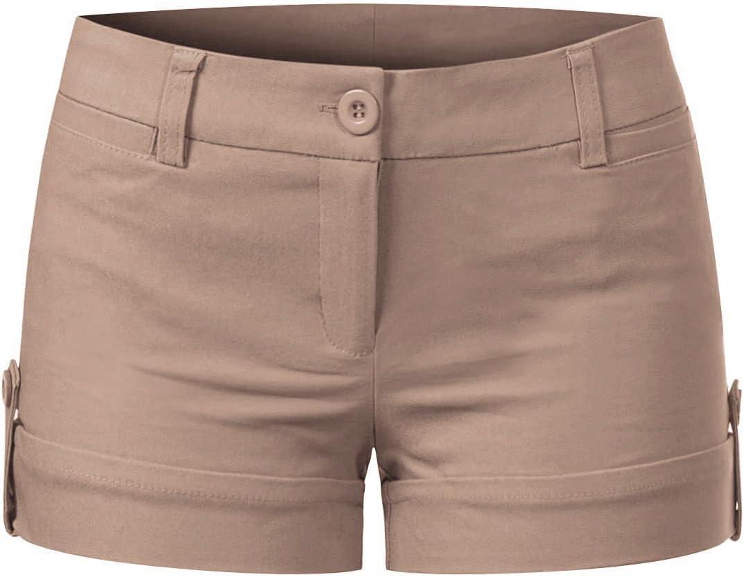 MixMatchy Women's Casual Body Enhancing Comfort Cuffed Shorts with Pockets (Medium, Khaki)