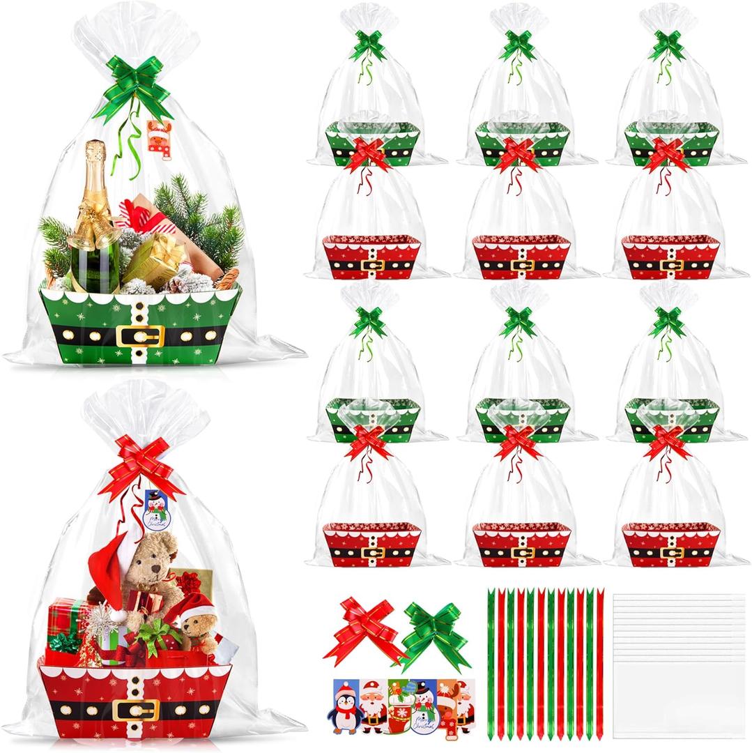Orchidleaf 12 Pack Christmas Basket for Gifts Empty with Handle Gift Baskets Empty to Fill Bulk Red and Green Gift Boxes with bows, Gift Cards for Christmas Party Presents