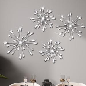 Hicarer 4 Pcs Starburst Wall Decor Bling Wall Art Crystal Teardrop 3D Hanging Rhinestone Radial Metal Artwork Modern Accent Sculptures Decorations for Living Room Home Office Bedroom(Silver)