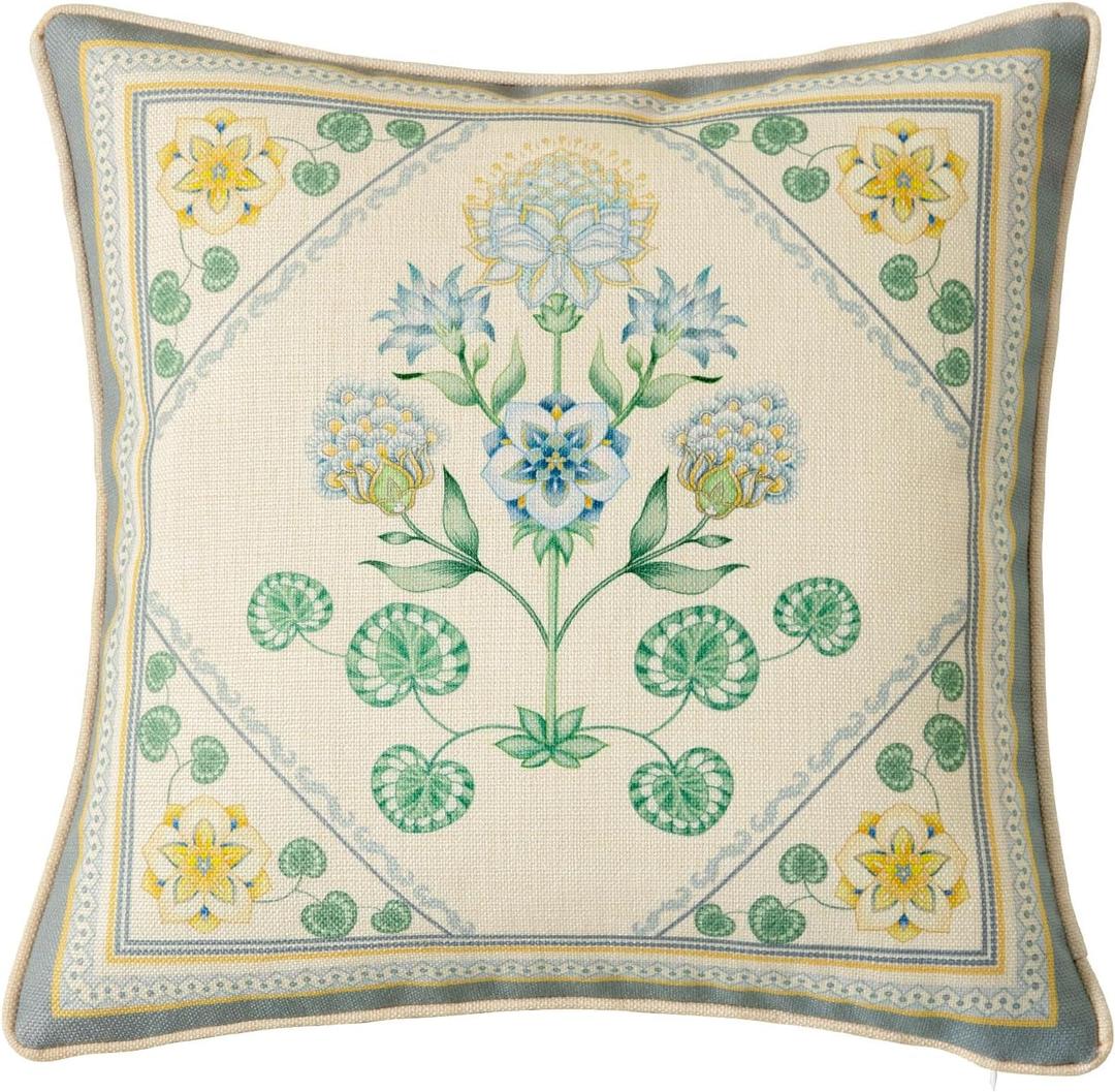 Spring Floral Block Print Pillow Cover, Euro Shams Decorative Pillow Covers 18x18 for Couch Sofa Bed Living Room, Blue Bloom