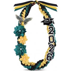 Lyrow 50'' 2026 Graduation Lei Double Braided Strands Graduation Ribbon Leis with 4 Satin Flowers Congrats Graduates Money Leis Class of 2026 Gift for Men Women (Green Black Gold)