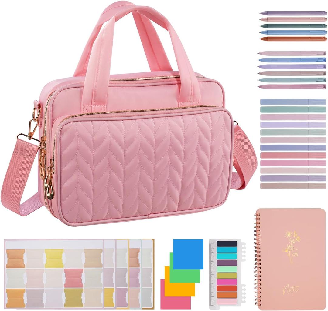 KOPKOFT Bible Cover Case for Women, All-in-One Bible Study Supplies Journaling Kit with Highlighters Tabs, Quilted Book Carrying Cases, Christmas Christian Gifts for Women (Pink)