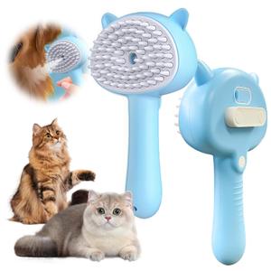 2 x 4-in-1 Pet Steam Spray Brush With Handle, Rubber Brush With Release Button, Dog Comb for Longhair & Shorthair Cat & Dog Cleaner (Blue)