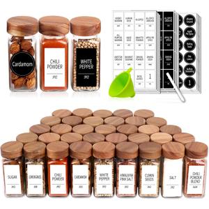 Churboro 48 Spice Jars with 547 Labels and Shaker Lids - Glass - 4 Oz Square Containers with Acacia Wood Lids, Chalk Pen, Funnel Seasoning Jars for Spice Rack, Cabinet, or Drawer