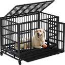 Shintenchi 48 inch Heavy Duty Crates for Large Dog, Indestructible and Escape-Proof Cage Kennel with Lockable Wheels, Double Door High Anxiety with Removable Tray, Black