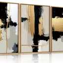Abstract Black Gold Framed Canvas Wall Art Set, Modern Minimalist Black White Wall Decor, Neutral Color Block Line Art Print for Living Room,  Bedroom, Dining Room,Office-24 x36 x3