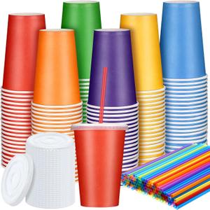 Gejoy 120 Sets 12 oz Disposable Paper Cups with Lids and Straws Neon Colored Disposable Coffee Cups for Drinking Juice Holiday Birthday Home Office Party Supplies (12 oz)