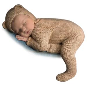 Newborn Photography Props Teddy Bear Outfit,Newborn Posing Props Footed Romper With Bear Hat, Newborn Romper Set for Baby Photo Prop