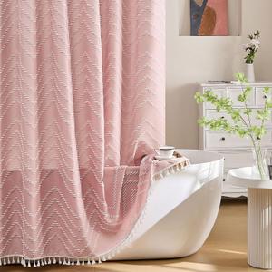 Siiluminisoy Pink Shower Curtain with Tassel Woven Fabric Boho Shower Curtain Cute Farmhouse Textured Tufted Chevron Striped 72 x 72 Bathroom Shower Curtain
