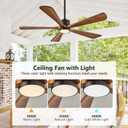 52 Inch Ceiling Fan with Lights and DC Motor by Remote Control,5 Reversible Solid Wood Blades,6-Speed Noiseless DC Motor, Modern Ceiling Fan for Indoor Bedroom Living Room Outdoor Patios