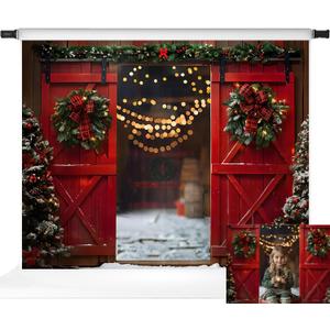 Kate Red Barn Door Backdrops Christmas Backdrops Night Red Xmaas Backgrounds, 7x5ft