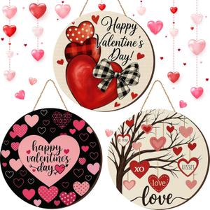 3 Pcs Valentines Day Decorations Door Sign Love Heart Welcome Wooden Hanging Sign Happy Valentine's Day Wood Wreath with Rope for Front Door Outdoor Farmhouse Porch Party Decor