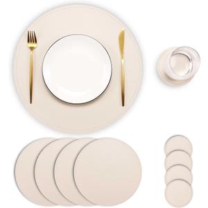 Set of 4 Faux Leather Round Placemats and Coasters, Coffee Mats Kitchen Table Mats, Waterproof, Easy to Clean for Kitchen Dining Round Table