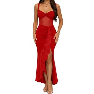 DAAWENXI Women's Sexy Sleeveless Square Neck Midi Dress Mesh Sheer Ruched Bodycon Ruffle Hem Club Party Tank Dresses Red L