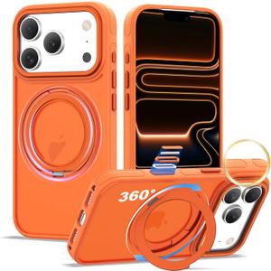 XIQI Compatible with iPhone 17 Pro Case 6.3'' with Magnetic 360 Rotatable Ring Stand & AI Camera Control Button[Compatible with Mag-Safe] Translucent Matte Phone Cover for Men Wowen,Orange