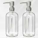 AmazerBath Soap Dispenser, 2 Pack Glass Soap Dispenser with Pump Stainless Steel, 17 Oz Hand Soap Bottles Bathroom Kitchen, Clear