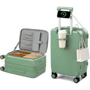 Hanke 20 Inch Expandable Carry On Luggage with Cup Holder 22x14x9 Airline Approved, Top Opening Hard Shell Suitcases with Wheels, Carry-On Travel Suitcase Trunk Luggage with Lock, Forest Green