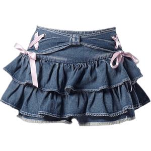 Women's Bow Low Waist Retro Pleated Skirt with Adjustable Waist A-line Mini Denim Skirt Y2K (Medium)