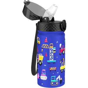 GOPPUS Kids Water Bottle (Straw Lid) - 14 Oz Stainless Steel Travel Bottle, Double Wall Vacuum Leak Proof Kids Cup for School Boys Girls,Blue Engineering car