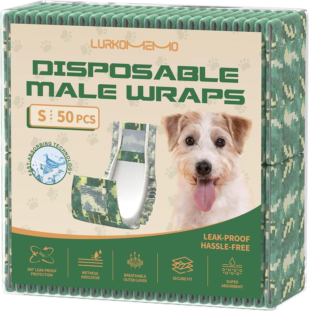 LURKOMEMO Dog Diapers Male, 50 Count Small Male Dog Diapers Disposable for Doggie & Puppy, Ultra Absorbent Male Dog Wraps, Belly Bands for Male Dogs with Wetness Indicator(S Same as Other Brands' XS)
