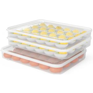 77L Deviled Egg Containers with Lid, (Set of 3), Plastic Egg Holder for Refrigerator for 72 Eggs, Clear Storage Deviled Egg Carrier Tray, Fridge Stackable Countertop Portable Egg Platter