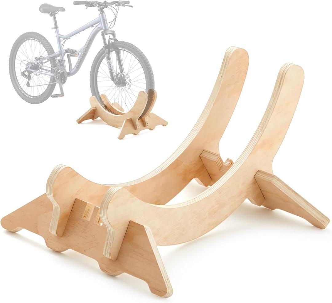 DoubleFill 1 Pack Wooden Stationary Bike Floor Stand Bicycle Indoor Storage 4 Adjustable Sizes Fit Commuter, Mountain, Road, Gravel Bikes Etc, Bike Wheel Wooden Display Stop Suitable for Home (Solid)