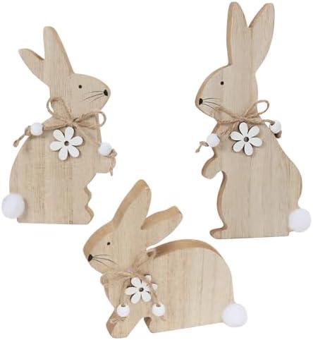 WellSign Easter Bunny Table Wooden Sign Decorations for Home, 3 Pieces Farmhouse Rabbit with Pompom Ball for Tabletop tiered tray Shelf Mantel Party Outdoor Indoor Decor