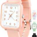 Edillas Kids Watch Analog for Girls Boys, 50M Waterproof Children Quartz SquareWristwatches for Kids, Students with Soft Silicone Strap, Easy to Read Learn time Presents (Pink-1016L)