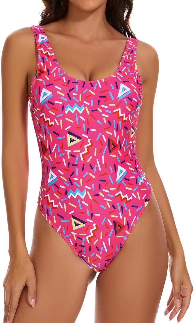 MIAIULIA Women's Retro 80s/90s Inspired High Cut Low Back Padding One Piece Swimwear Bathing Suits (Medium)